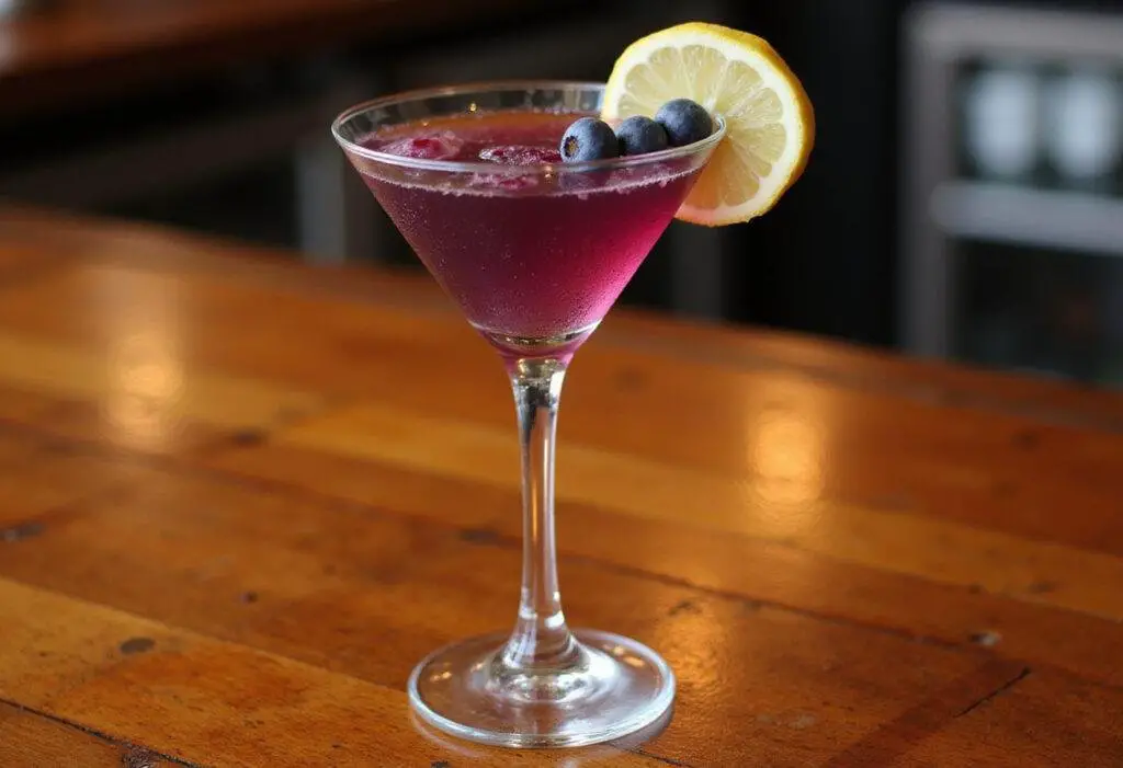 Final presentation of blueberry lemon drop martini with garnish on a bar top