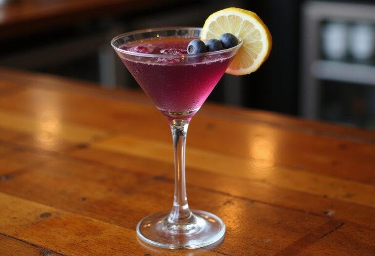 Final presentation of blueberry lemon drop martini with garnish on a bar top