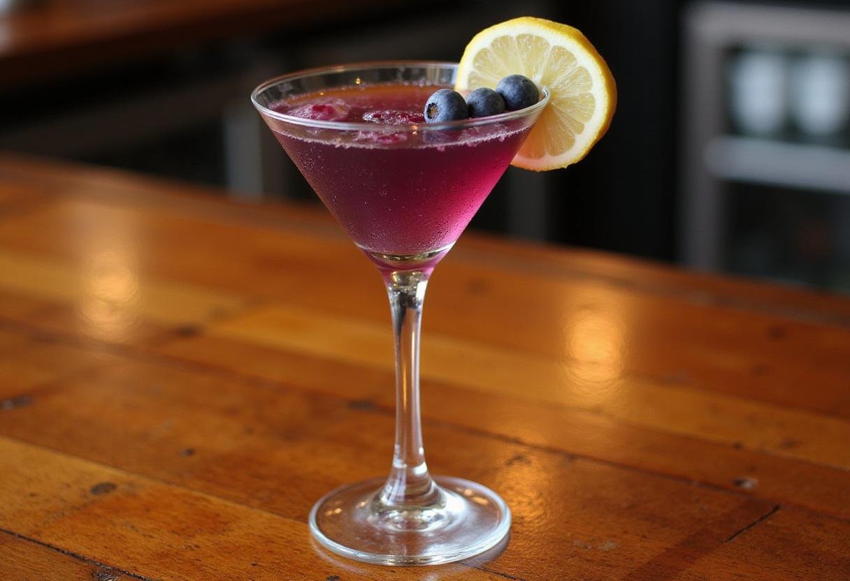 Final presentation of blueberry lemon drop martini with garnish on a bar top