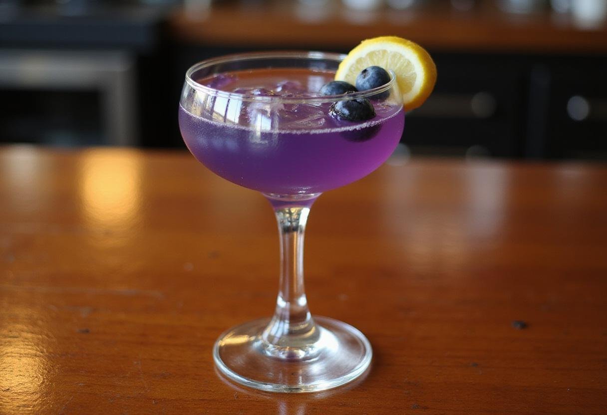 Final presentation of blueberry lemon drop martini with garnish on a bar top