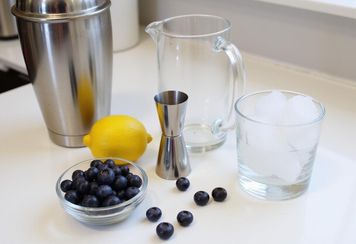 Ingredients for blueberry lemon drop martini including blueberries and lemon on a kitchen counter