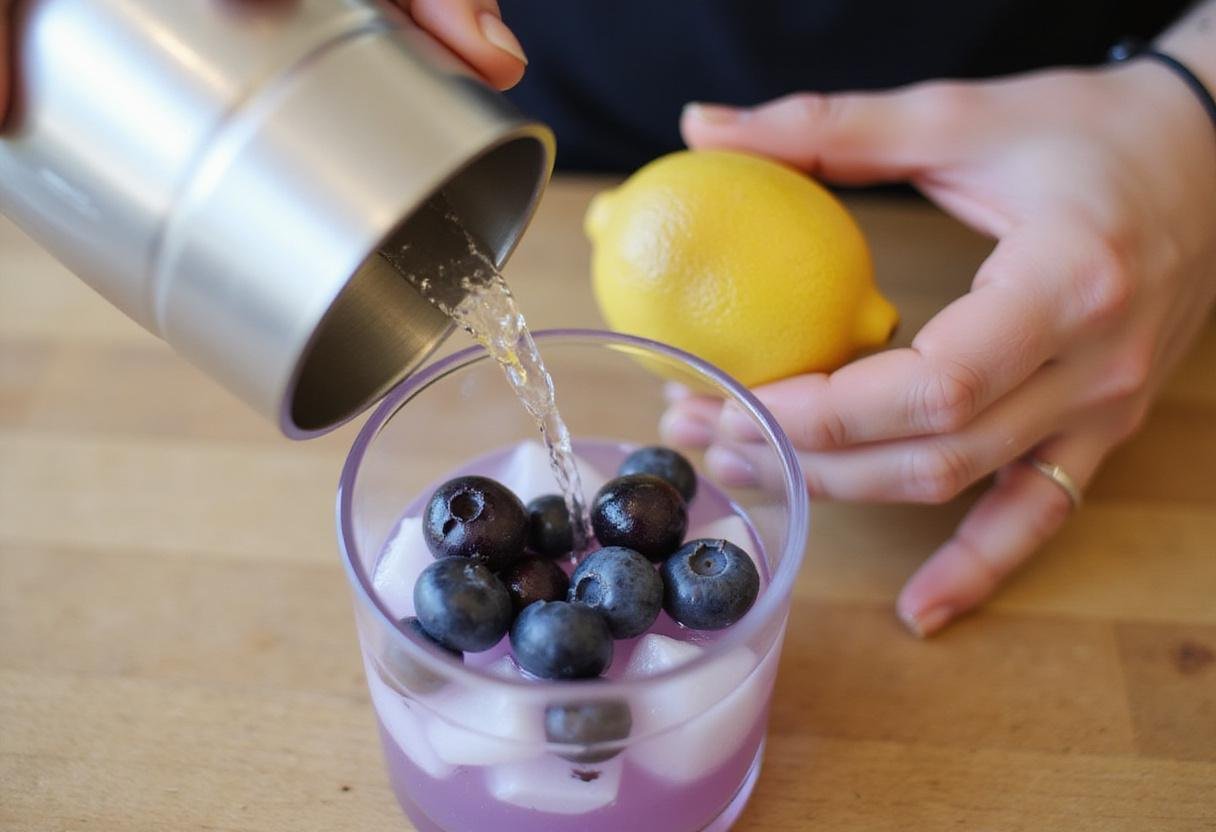Preparing blueberry lemon drop martini mix with fresh blueberries and juiced lemon