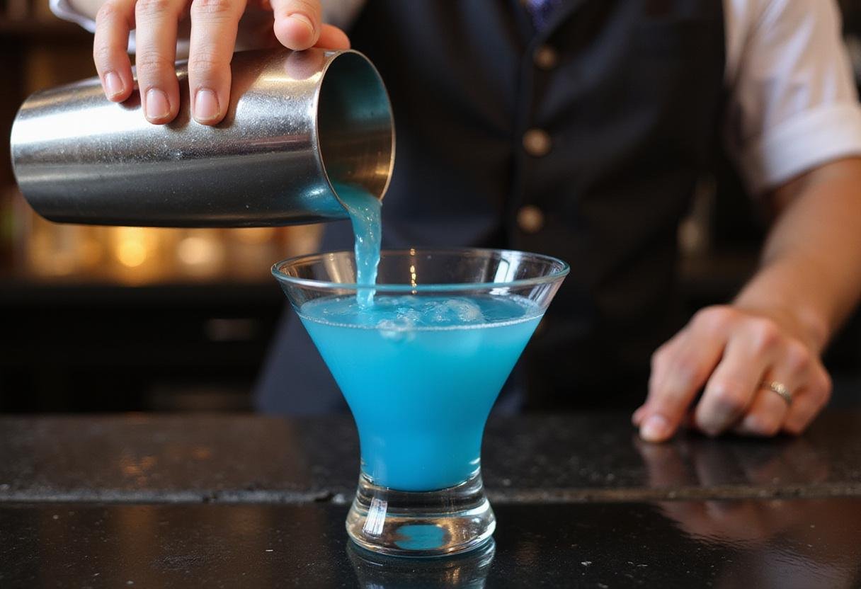 Pouring a blueberry lemon drop martini into a chilled martini glass for a refreshing cocktail