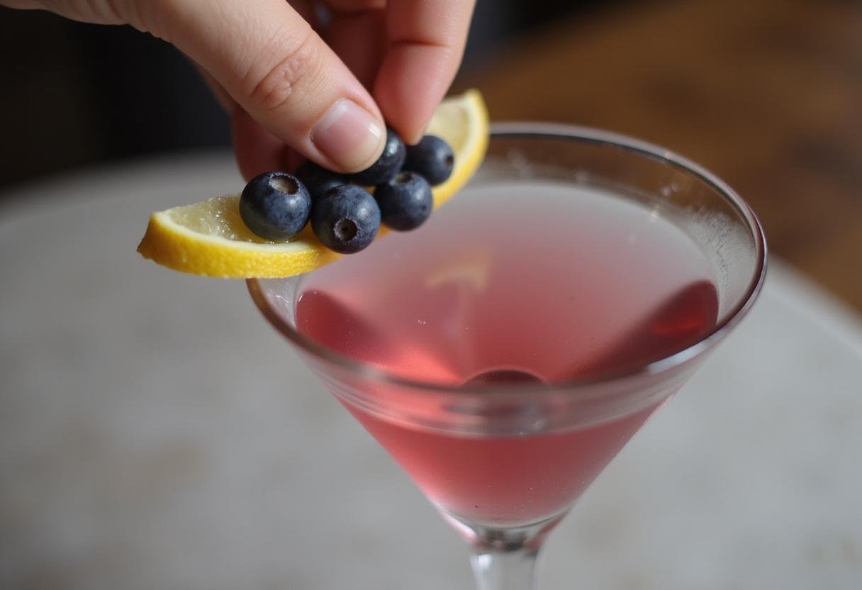 Garnishing a blueberry lemon drop martini with fresh blueberries and a twist of lemon