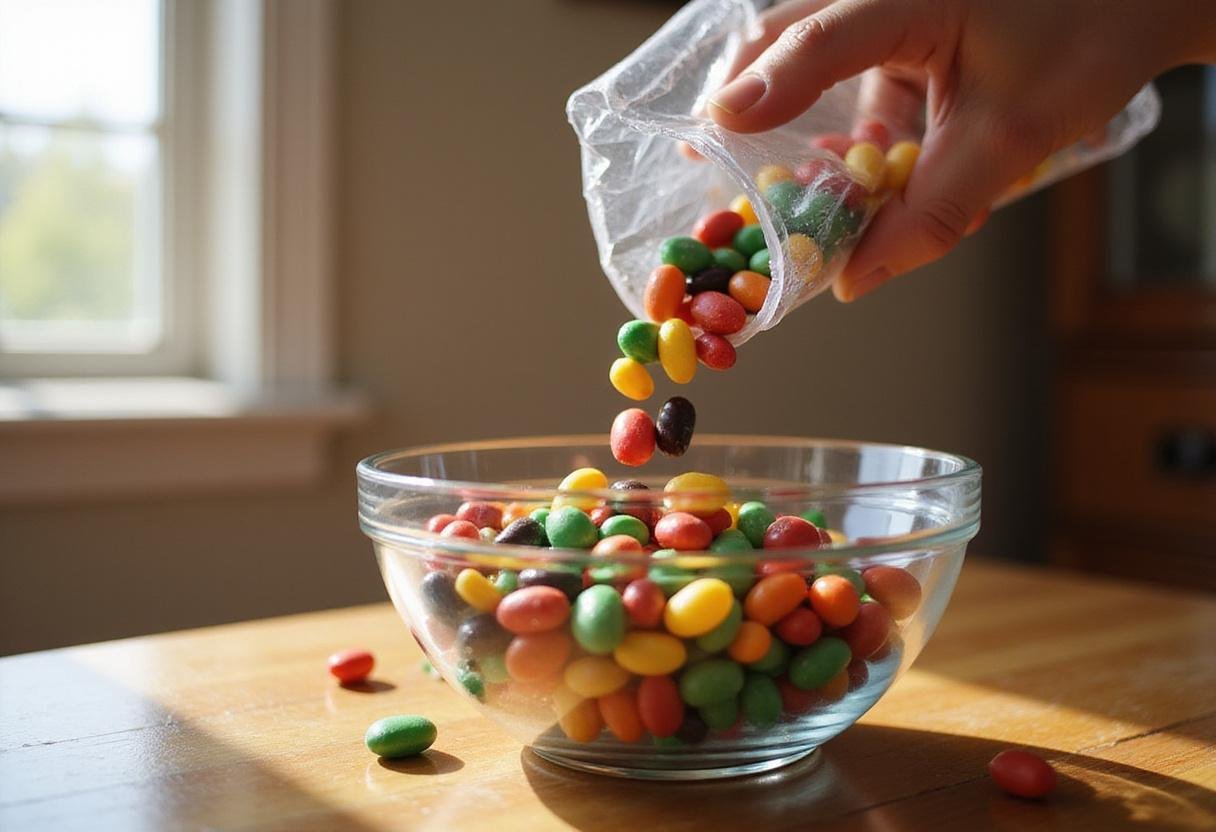 Boston beans candy spilling onto a countertop, perfect for making sweet treats.