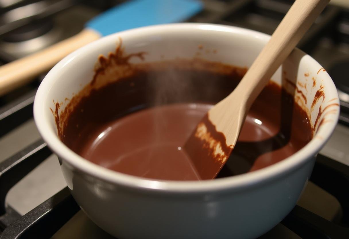 Melting chocolate in a bowl, ideal for coating Boston beans candy in a delicious treat.