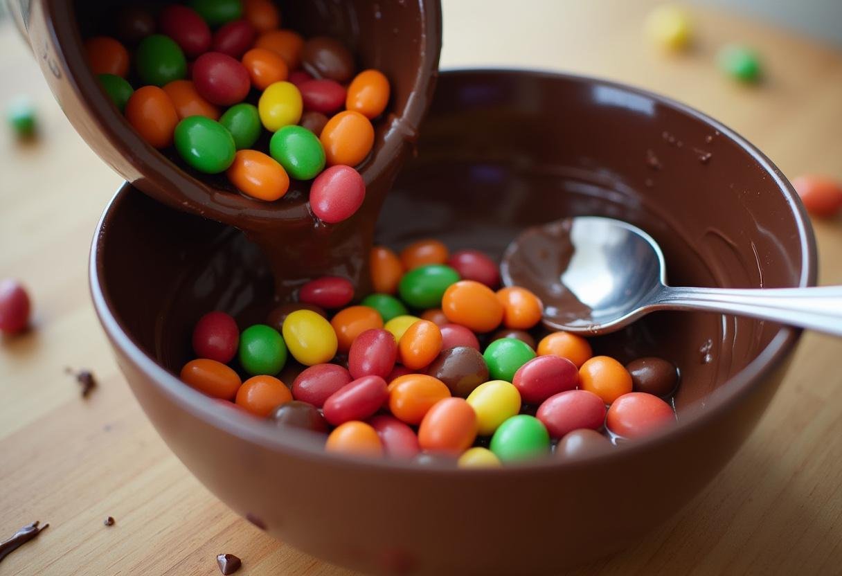 Coating Boston beans candy with chocolate in a mixing bowl, creating a tasty candy treat.