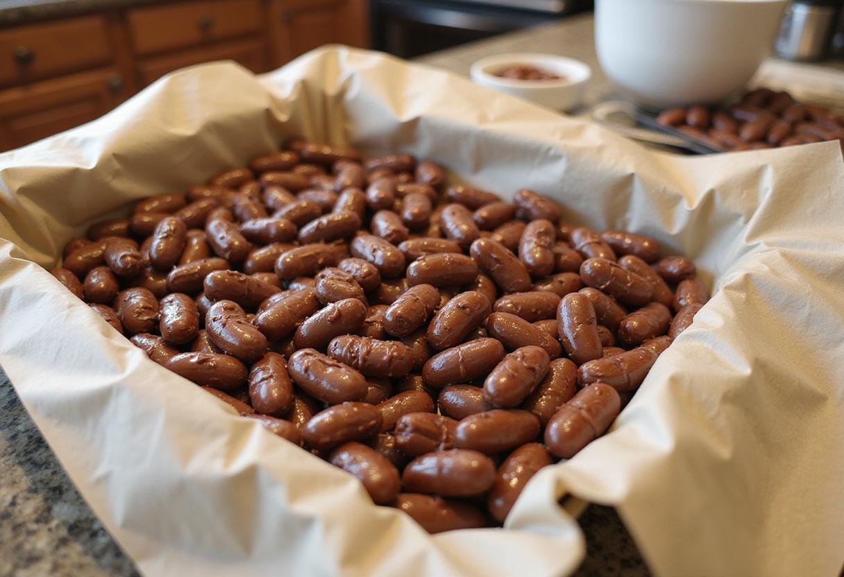 Chocolate-covered Boston beans candy arranged on parchment, showcasing an appetizing candy treat.
