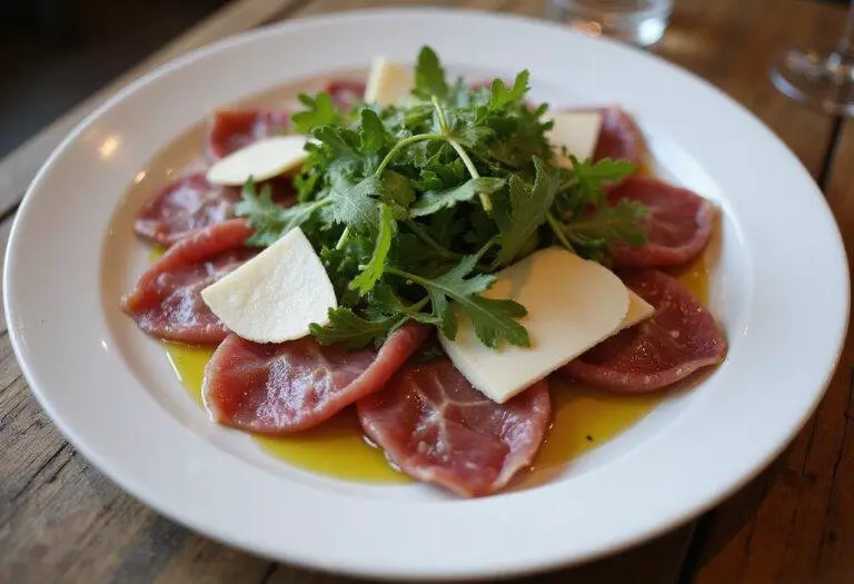 Deliciously presented bresaola beef slices with arugula, parmesan, and olive oil on a rustic wooden table.