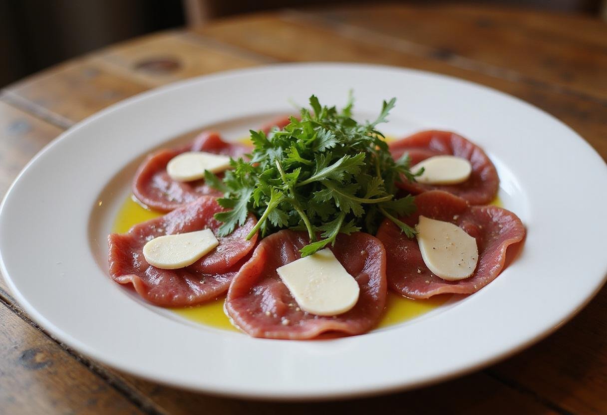 Deliciously presented bresaola beef slices with arugula, parmesan, and olive oil on a rustic wooden table.