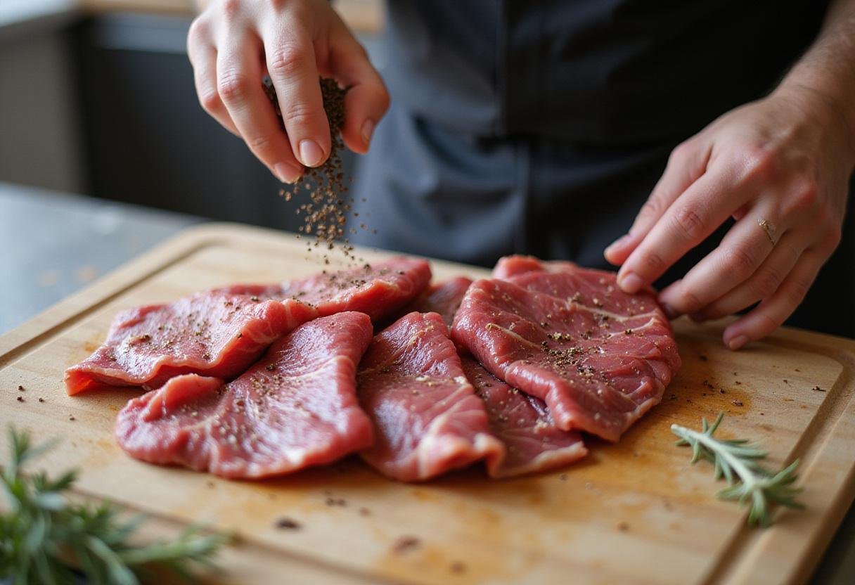 Preparing to make bresaola beef by seasoning raw beef slices with salt and spices on a wooden cutting board.