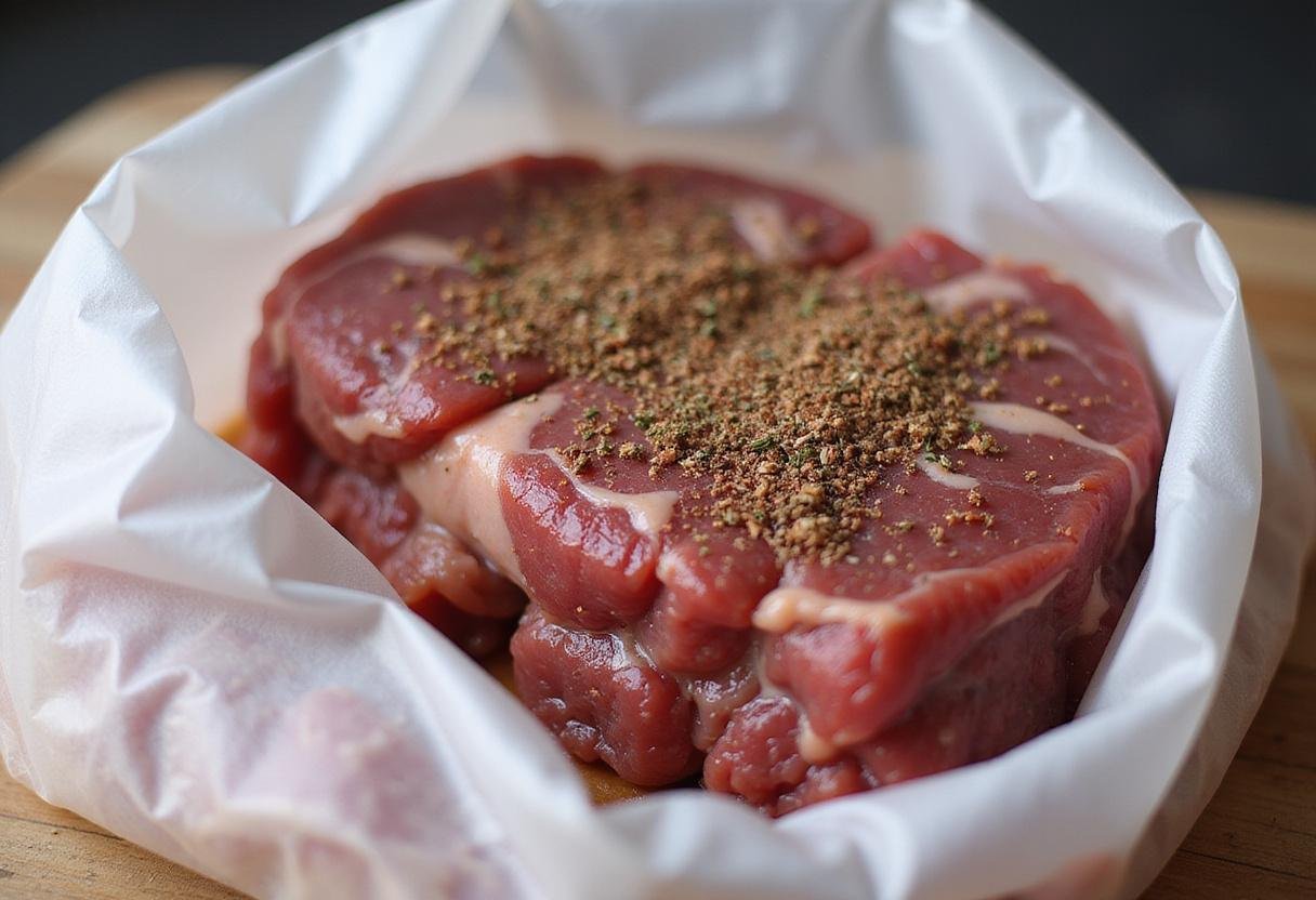 Sealing seasoned beef slices in a vacuum bag for curing bresaola beef, showcasing herbs and spices.