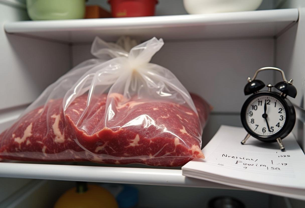 Refrigerating sealed beef for curing bresaola beef, with a timer and notes on the curing process visible.
