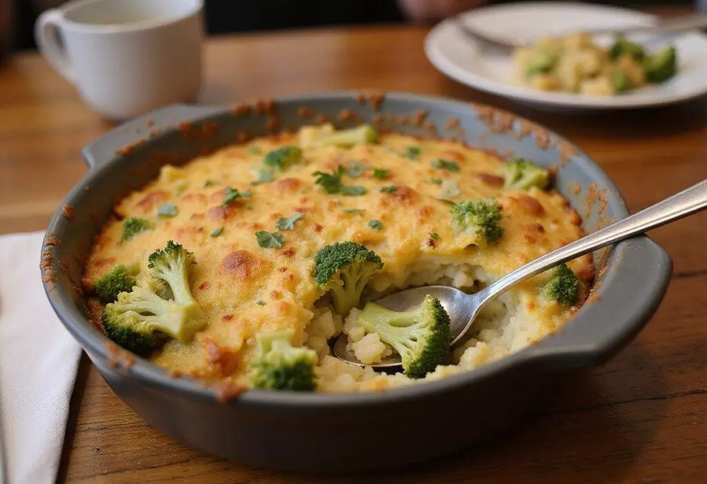 Served Broccoli Au Gratin Rice, golden and cheesy, ready to be enjoyed, highlighting the delicious flavors.