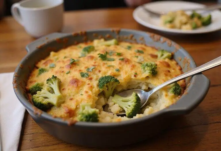 Served Broccoli Au Gratin Rice, golden and cheesy, ready to be enjoyed, highlighting the delicious flavors.