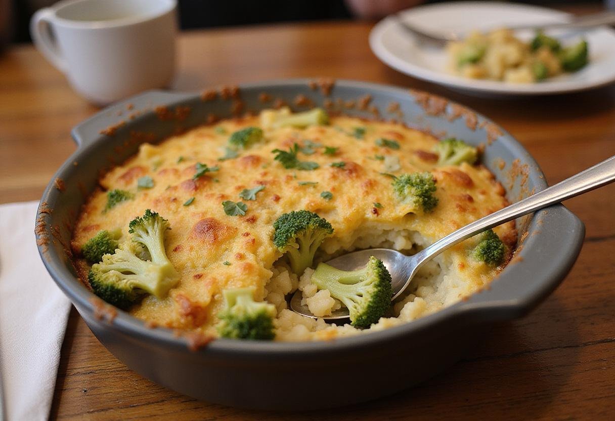 Served Broccoli Au Gratin Rice, golden and cheesy, ready to be enjoyed, highlighting the delicious flavors.