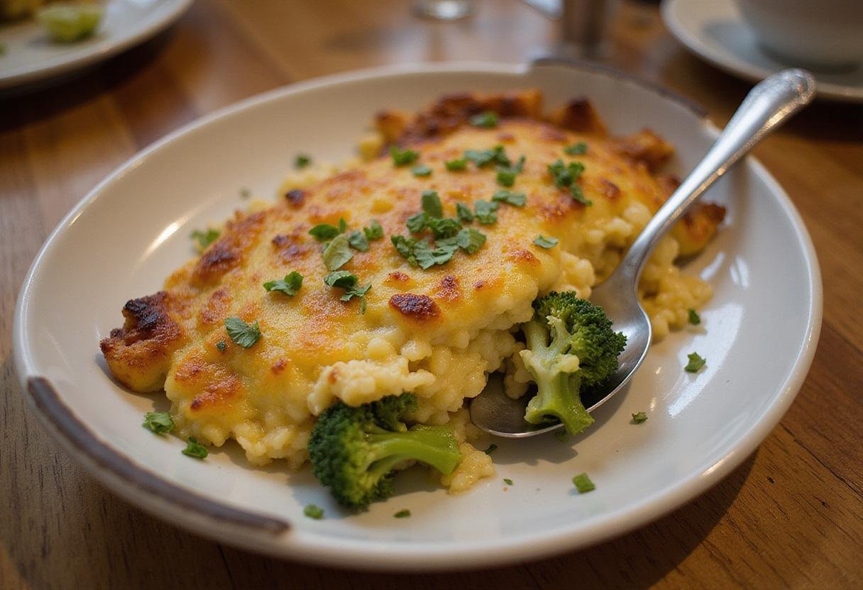 Served Broccoli Au Gratin Rice, golden and cheesy, ready to be enjoyed, highlighting the delicious flavors.