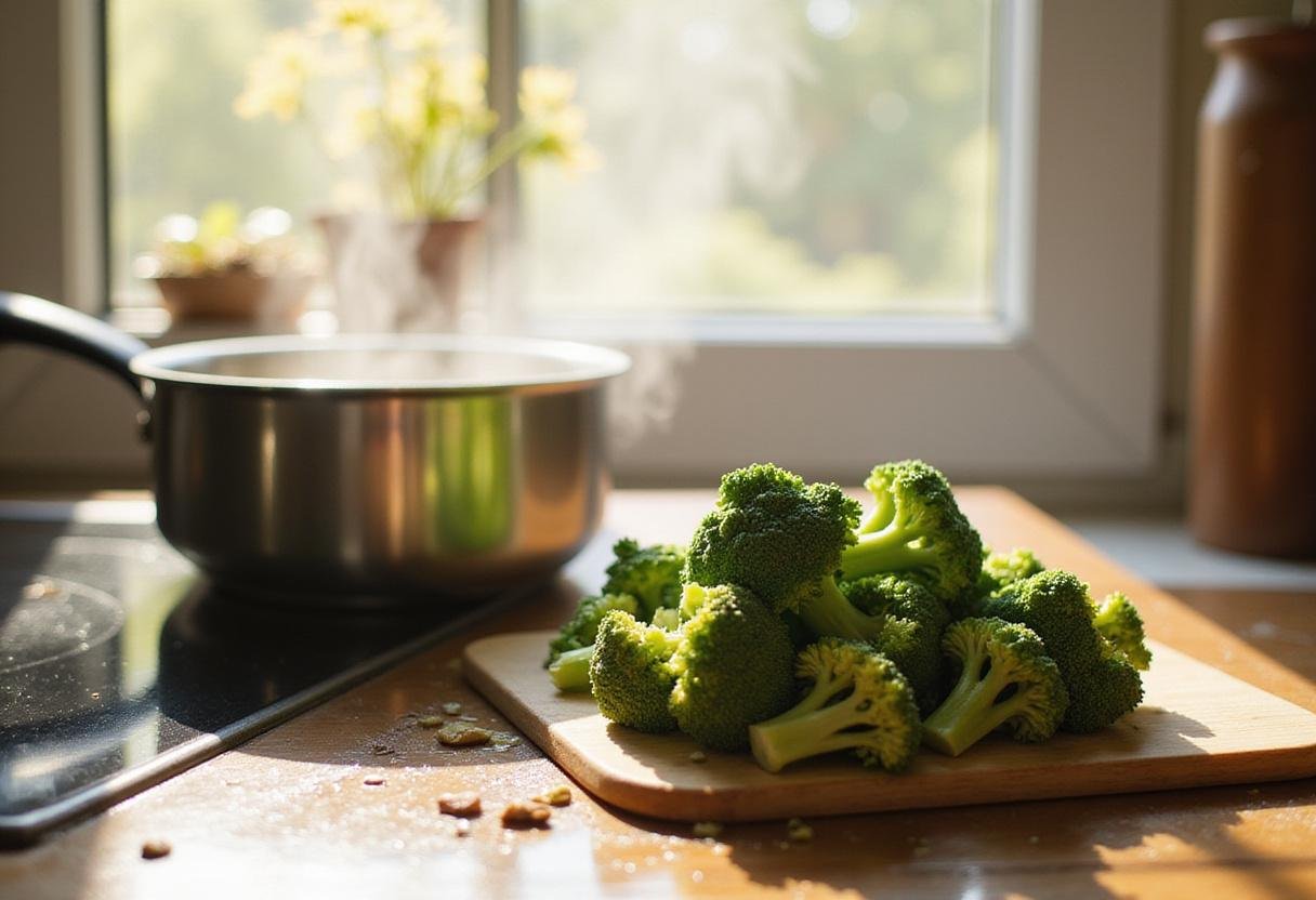 Fresh broccoli florets ready for blanching in a pot, part of the Broccoli Au Gratin Rice recipe preparation.