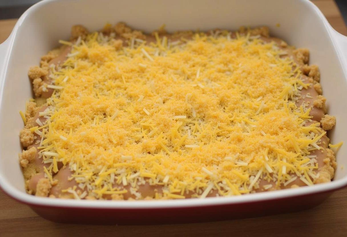 Layering the cheesy rice and broccoli mixture in a baking dish for the Broccoli Au Gratin Rice recipe.