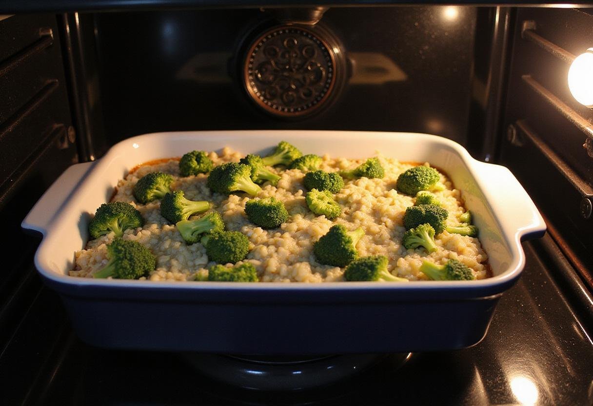 Prepping to bake the Broccoli Au Gratin Rice in an oven, enhancing the flavors and texture.