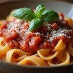 Final presentation of bronze cut pasta in a bowl, highlighting the delicious toppings and inviting ambiance of homemade Italian cooking.