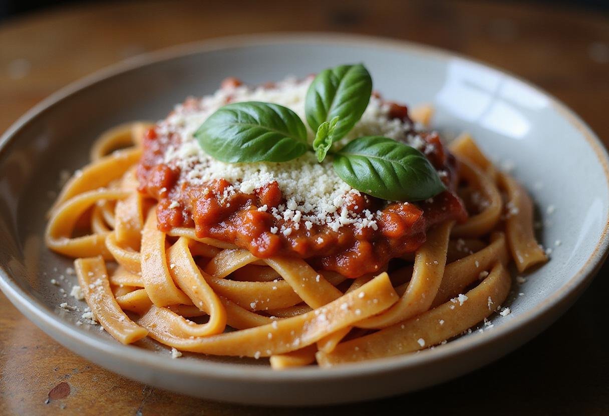 Final presentation of bronze cut pasta in a bowl, highlighting the delicious toppings and inviting ambiance of homemade Italian cooking.