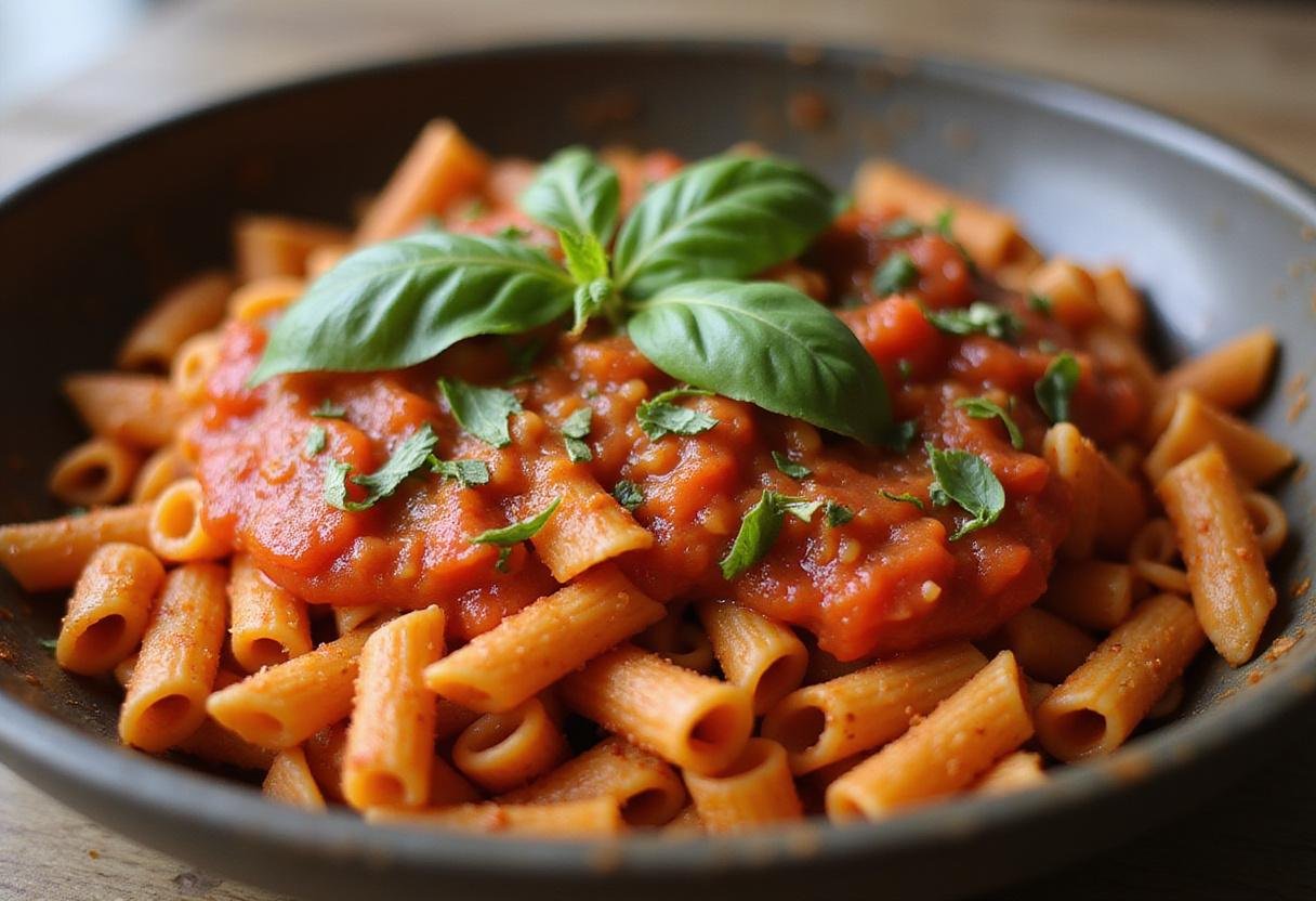 Delicious bronze cut pasta mixed with homemade tomato sauce, highlighting the vibrant colors and rustic presentation.