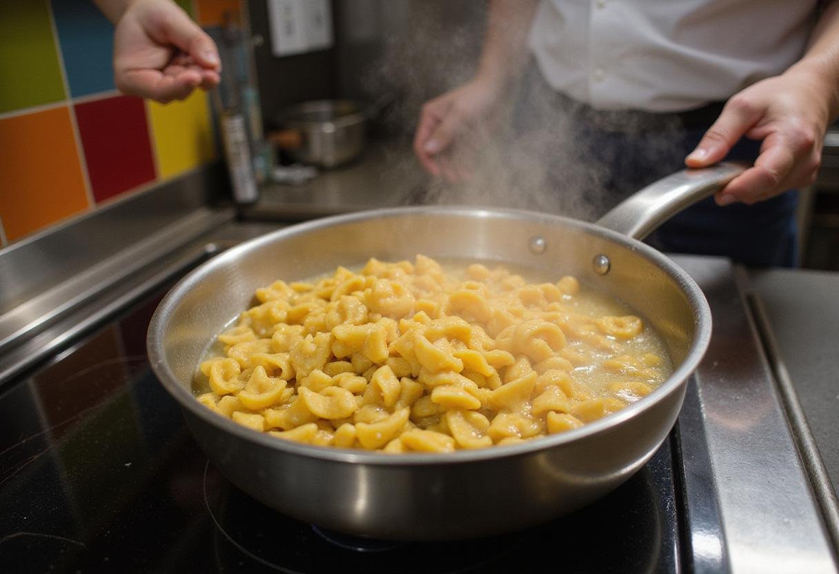 Chef cooking bronze cut pasta in boiling water, showcasing the cooking process and vibrant kitchen setting.