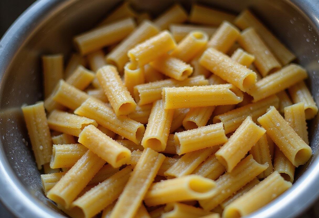 Bronze cut pasta being drained in a colander, illustrating the texture and freshness before the final dish preparation.