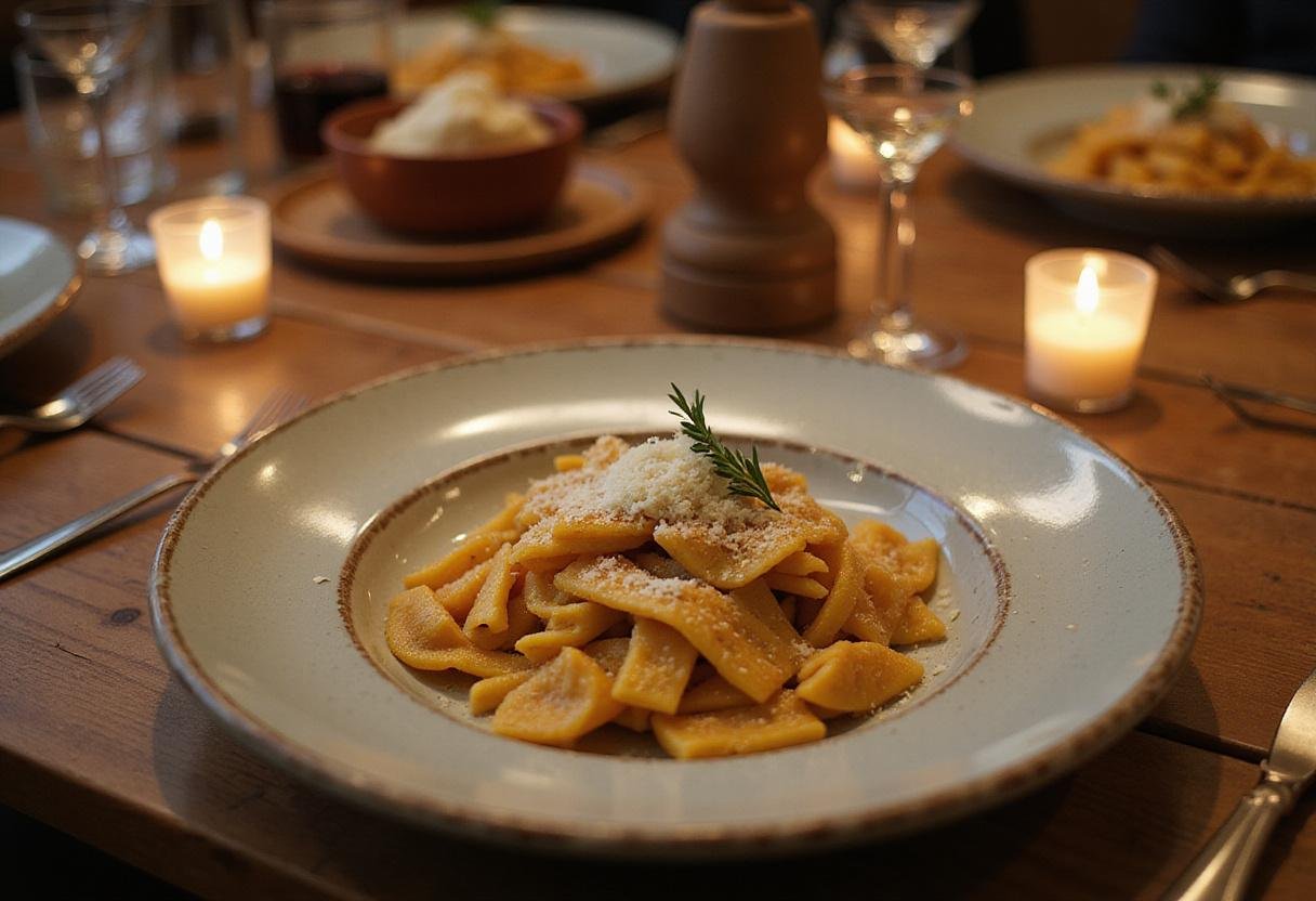 Plated bronze cut pasta ready to be served, featuring a cozy dining setting with garnishes and elegant table decor.