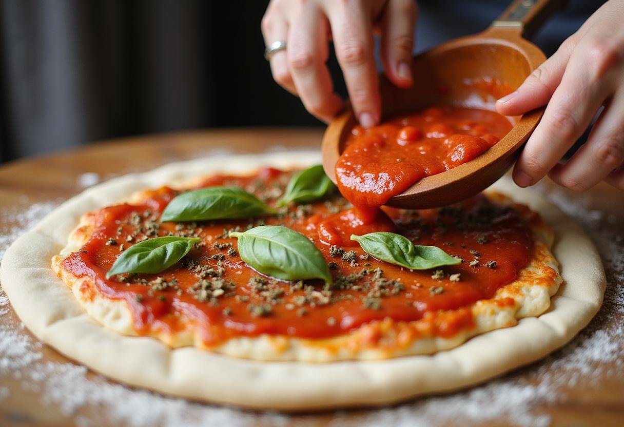 Creating Bruno's delicious pizza menu by adding rich tomato sauce and fresh herbs to the dough.