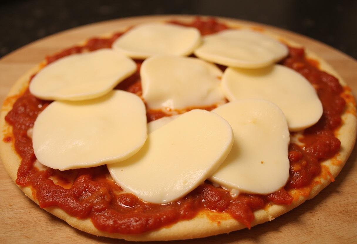 Assembling Bruno's pizza menu with a generous amount of mozzarella cheese on top of the tomato sauce.