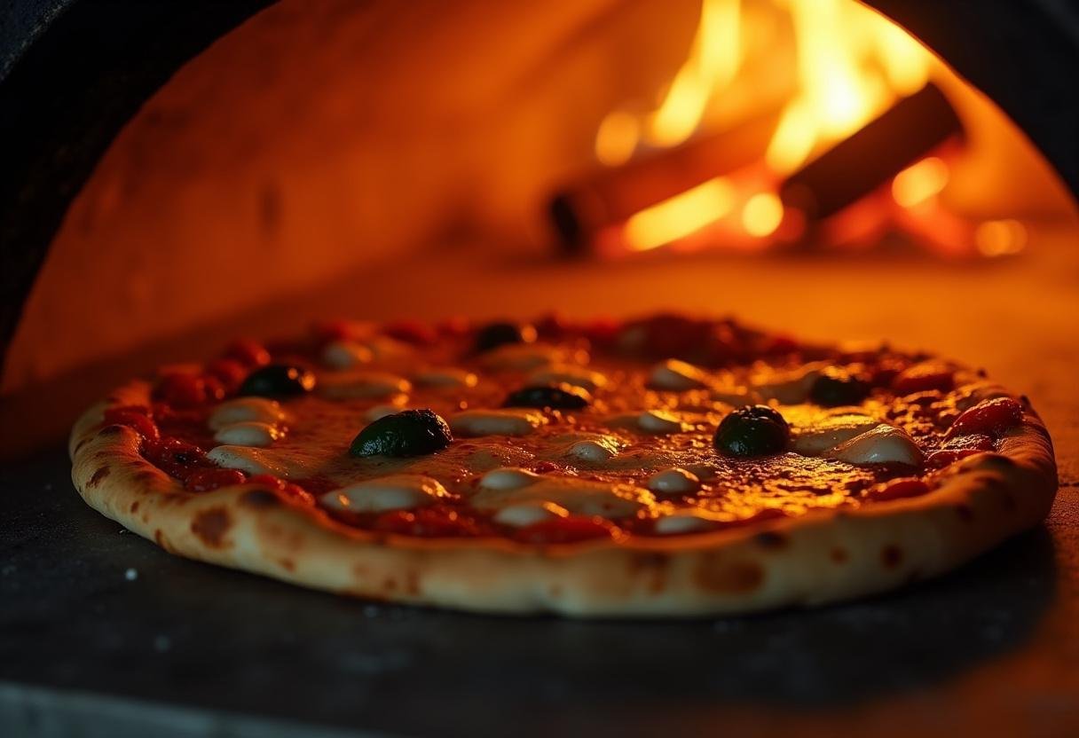 Bruno's pizza menu preparation with pizza placed into a wood-fired oven for a perfect cook.