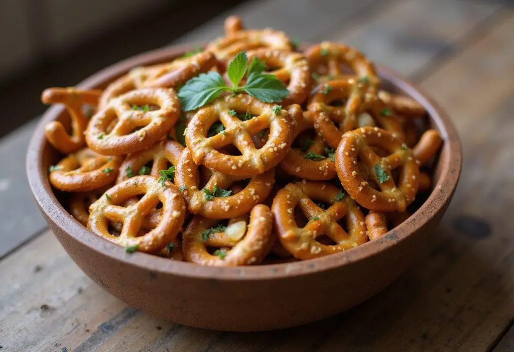 Delicious buffalo pretzel snack mix presented in a bowl, perfect for parties and gatherings.