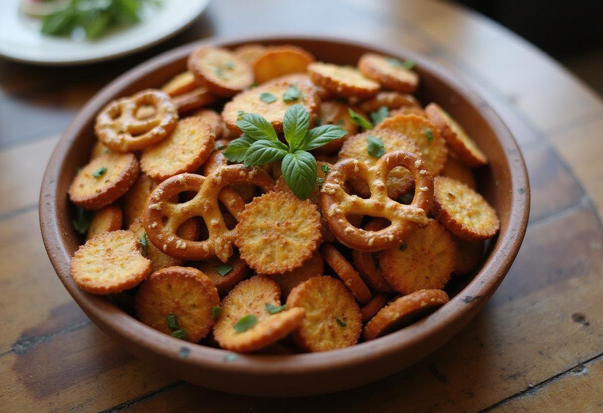 Delicious buffalo pretzel snack mix presented in a bowl, perfect for parties and gatherings.