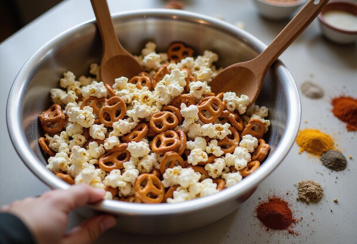 Mixing buffalo pretzel ingredients in a bowl for a delicious snack mix recipe.