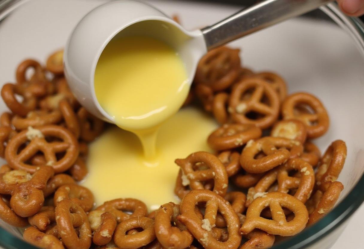 Adding melted butter to buffalo pretzel snack mix for enhanced flavor and crunch.