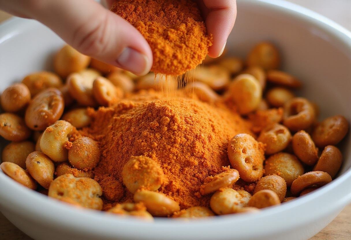 Seasoning buffalo pretzel snack mix with flavorful spices to create a zesty snack.