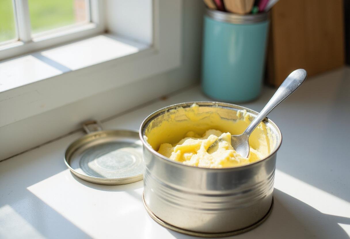 Canned butter preparation in a bright kitchen, showcasing creamy canned butter ready for Canned Butter Delight recipe.