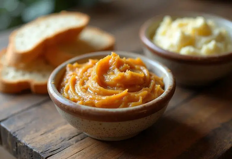 final presentation of caramelized onion butter spread with fresh bread, visually appealing and ready to delight