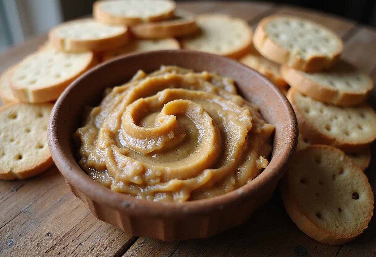 final presentation of caramelized onion butter spread with fresh bread, visually appealing and ready to delight
