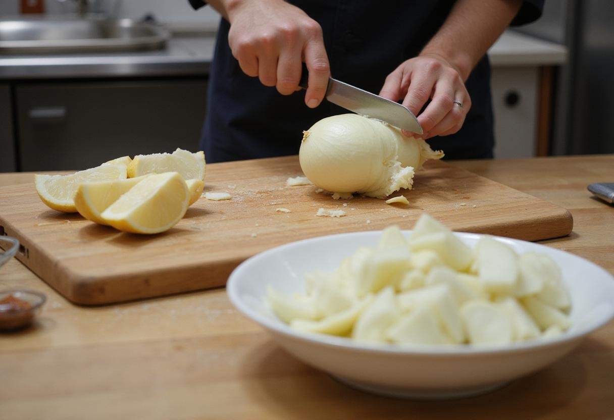 slicing onions for caramelized onion butter spread, preparing fresh ingredients in a clean kitchen