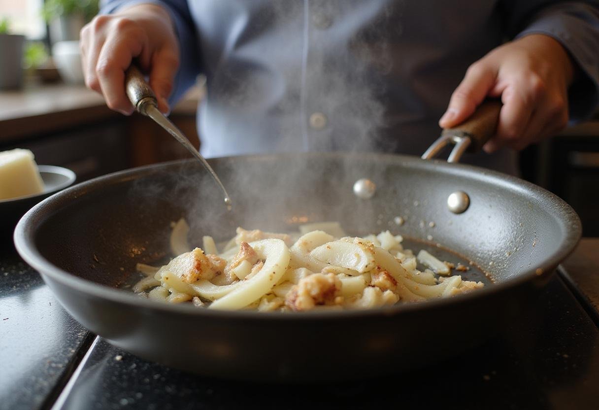cooking onions in a skillet for caramelized onion butter, the transformation of onions to golden perfection