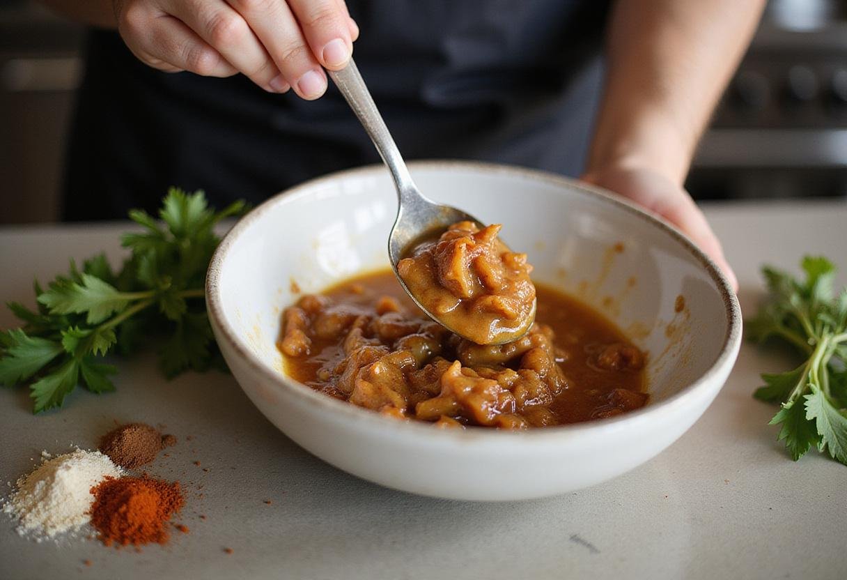 spooning caramelized onion butter spread into a bowl, preparing to enhance dishes with flavor