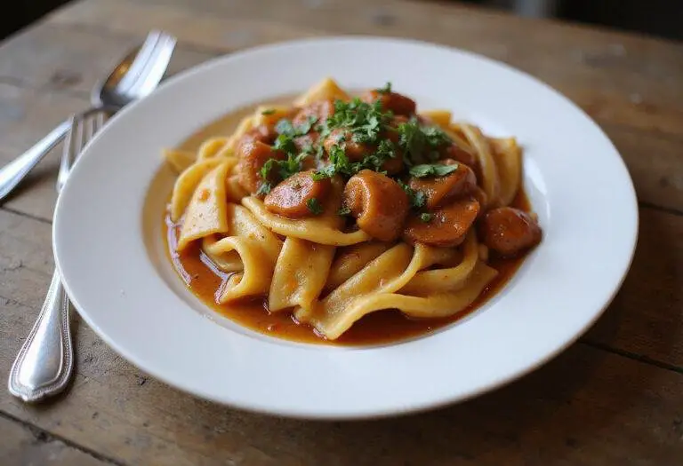 Final result of caramelle pasta: a delicious plate of elegantly arranged caramelle pasta with sauce and herbs on a wooden table.