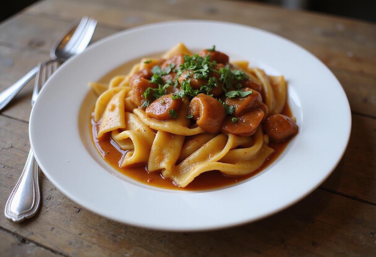 Final result of caramelle pasta: a delicious plate of elegantly arranged caramelle pasta with sauce and herbs on a wooden table.
