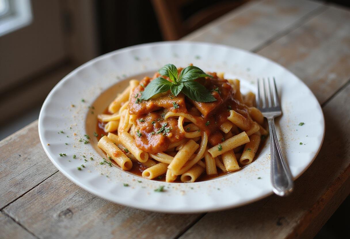 Final result of caramelle pasta: a delicious plate of elegantly arranged caramelle pasta with sauce and herbs on a wooden table.