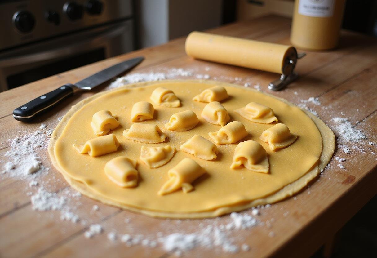 Step two of making caramelle pasta: rolled out dough ready to be cut into caramelle shapes on a wooden surface.