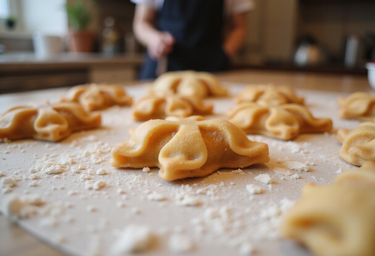 Step three in creating caramelle pasta: unique shaped pasta pieces displayed on a floured surface.