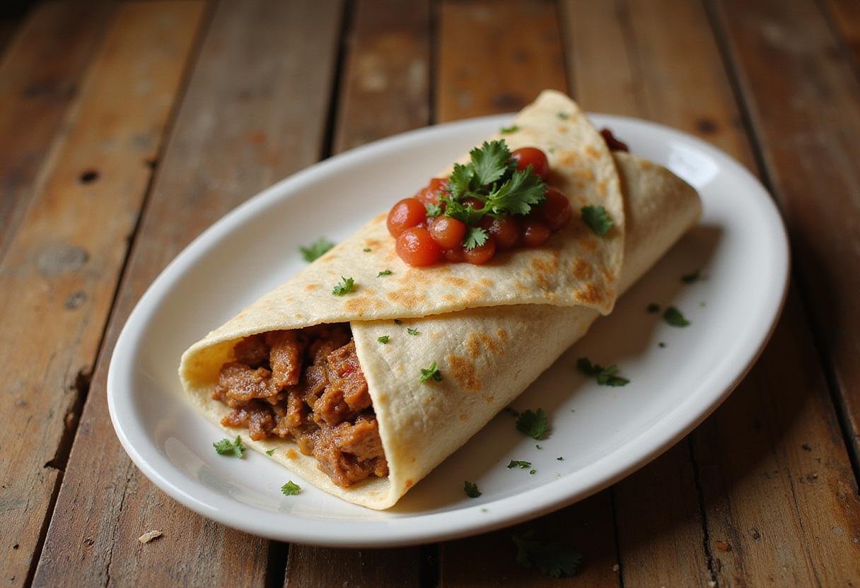 Final presentation of a delicious carne asada burrito, highlighting its flavor and caloric content.